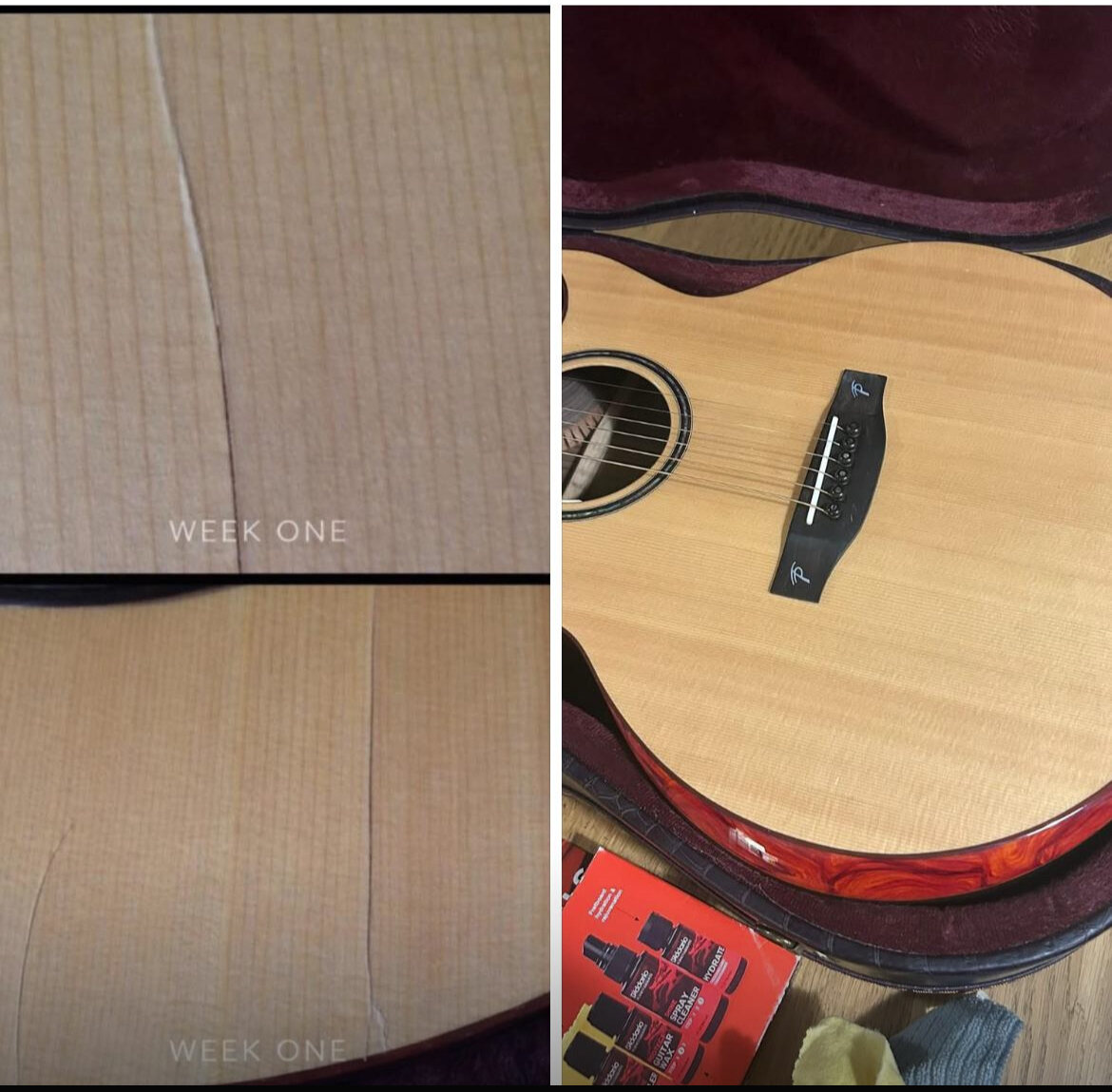 Before and after acoustic guitar top crack repair