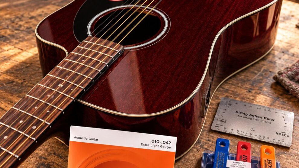 Rustic acoustic guitar setup workshop with Hosco nut files and strings at RG Guitar Tech Nottingham