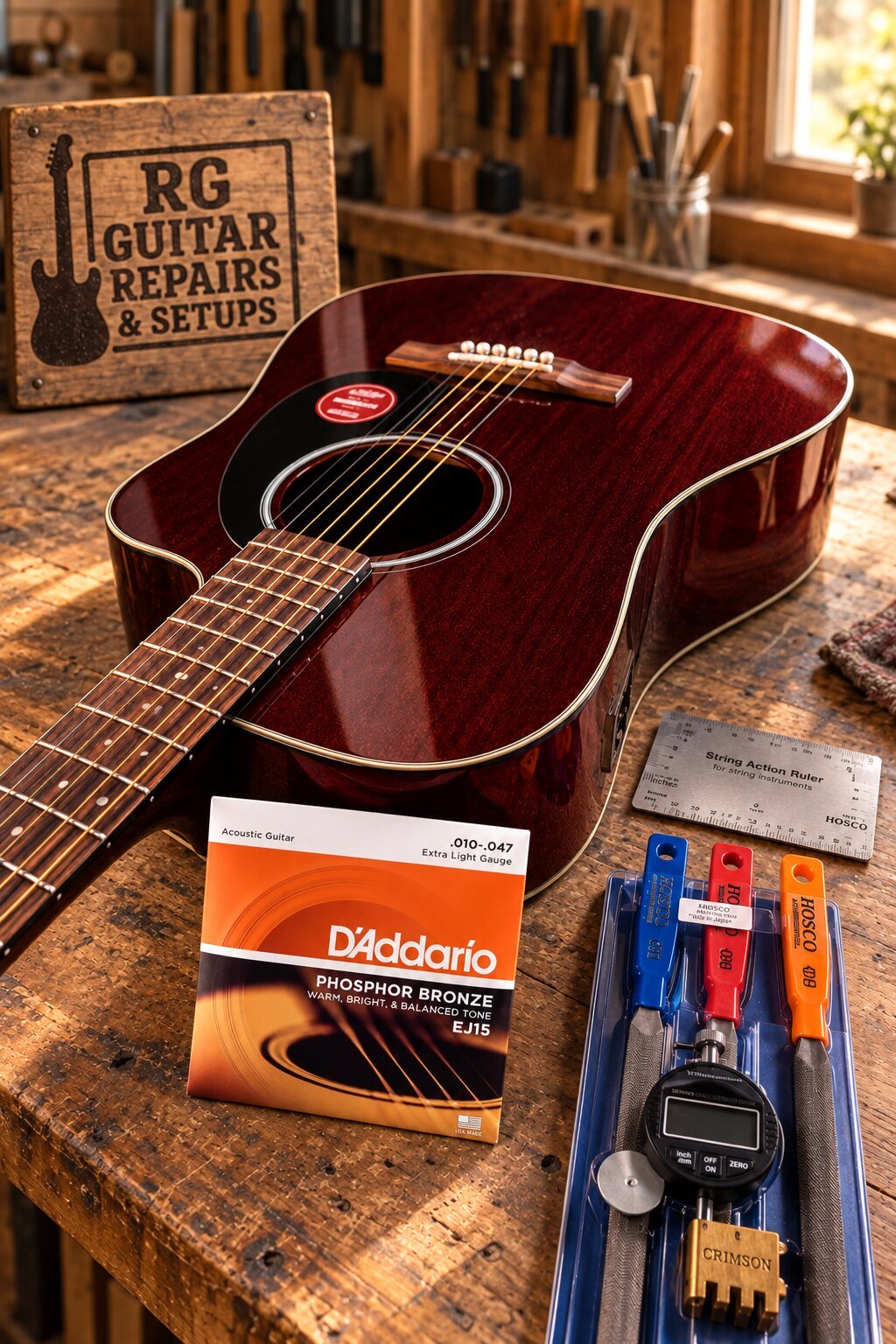 Rustic acoustic guitar setup workshop with Hosco nut files and strings at RG Guitar Tech Nottingham