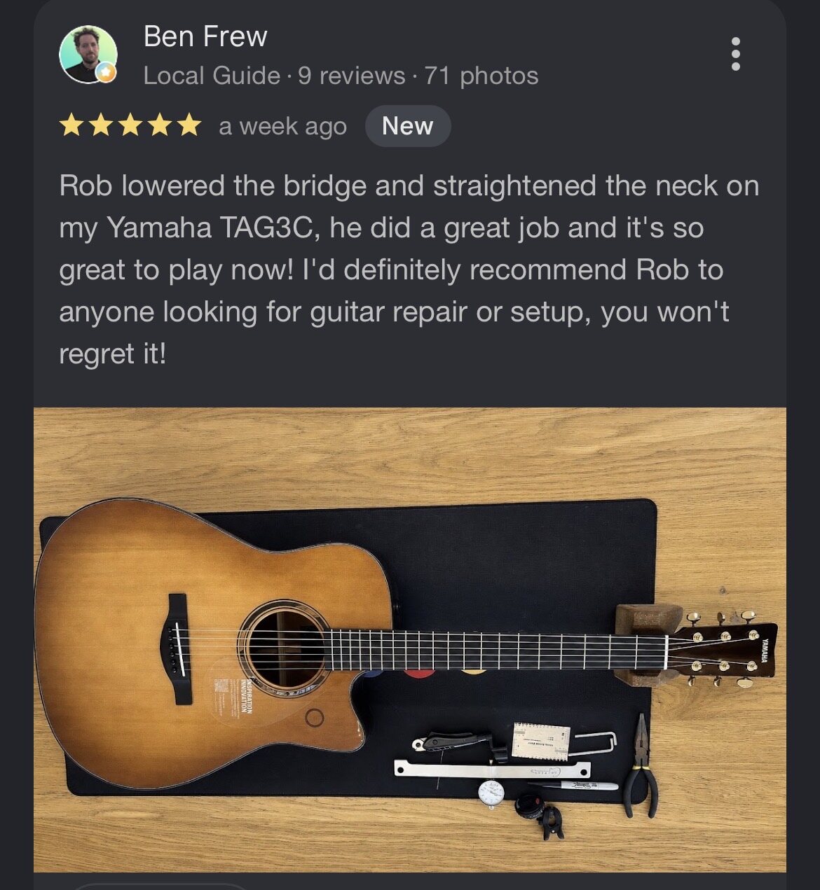 Five-star review for a Yamaha acoustic guitar setup by RG Guitar Tech