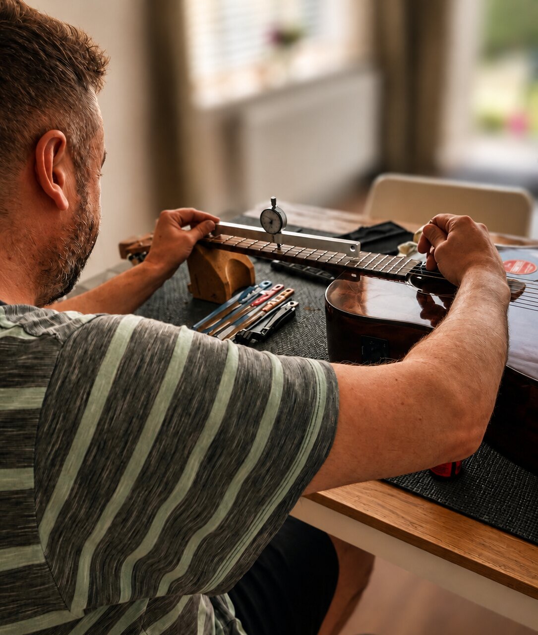 Rob checking acoustic guitar neck relief in the RG Guitar Tech workshop