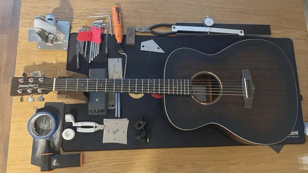 Acoustic guitar with a newly made bridge after a full setup by RG Guitar Tech in Nottingham.